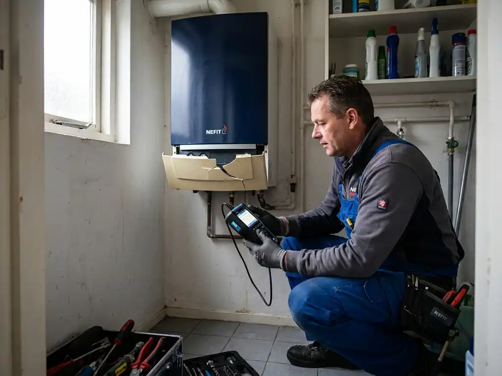 Technicus inspecteert beschadigde Nefit cv-ketel met diagnostisch gereedschap in Nederlandse technische ruimte.