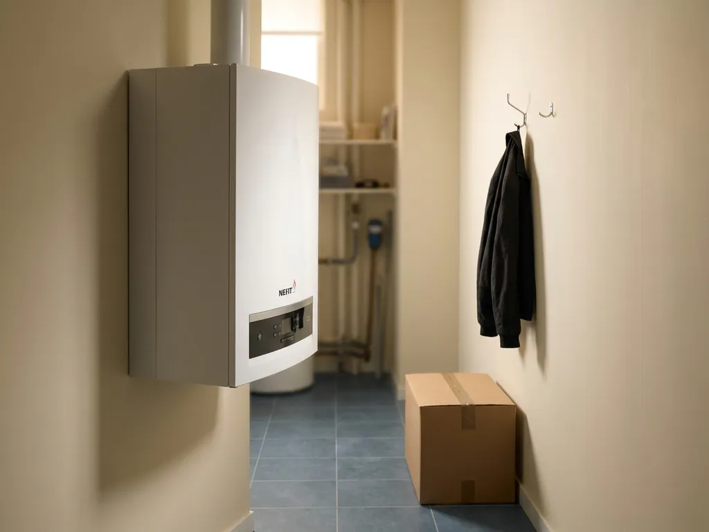 Witte Nefit cv-ketel aan de muur in een compacte Nederlandse bijkeuken met een verhuisdoos en tijdelijke kapstok.