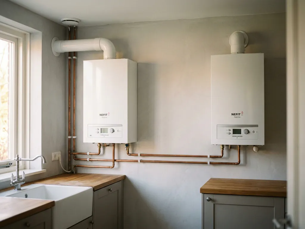 Twee witte Nefit cv-ketels naast elkaar gemonteerd op lichtgrijze muur in Nederlandse technische ruimte, met koperen leidingen en witte rookgasafvoer.