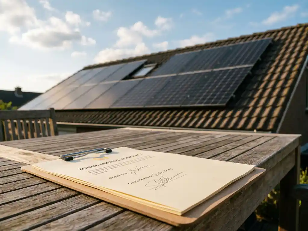 Zonnepanelen op een Nederlands woonhuis met een ondertekend contract op een klembord op de tuintafel op de voorgrond.