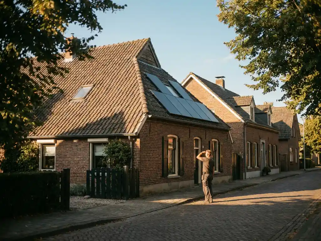 Huurder inspecteert zonnepanelen op terracotta pannendak in Zuid-Limburgse woonwijk op zonnige dag.