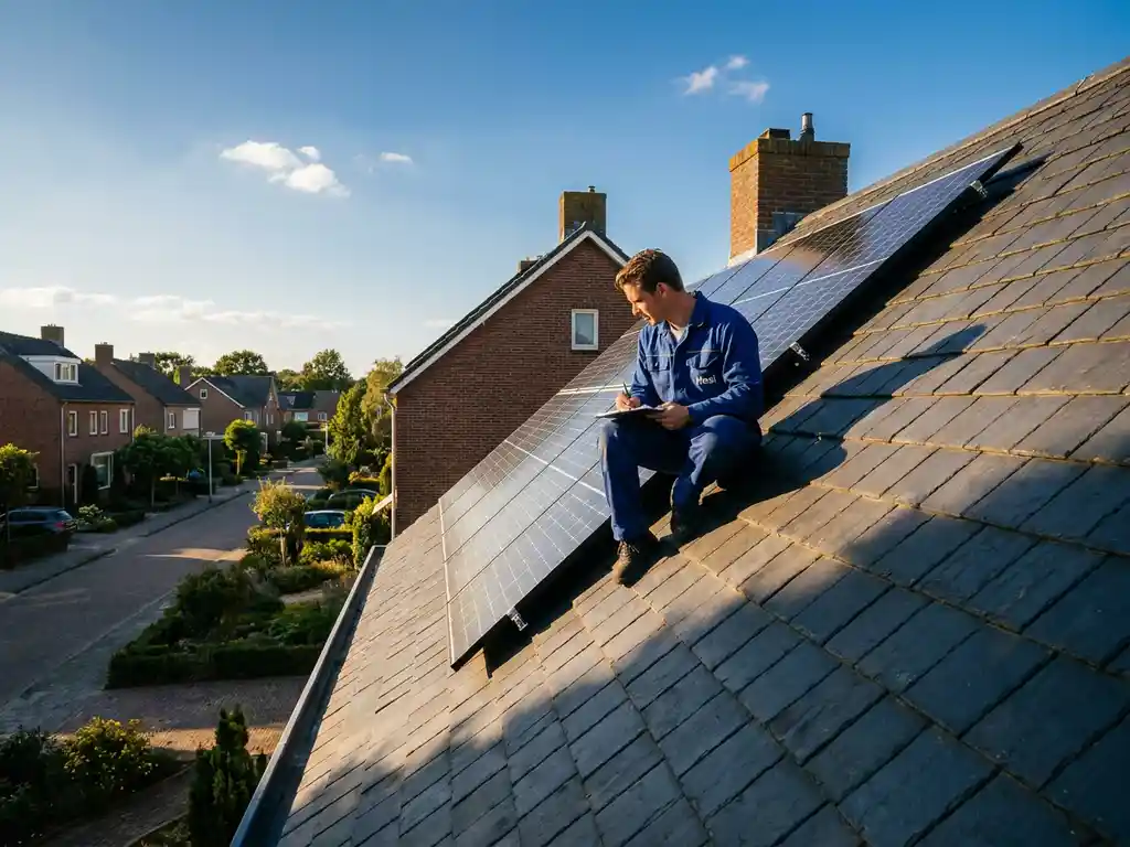 Hesi-monteur inspecteert zonnepanelen op steile bakstenen dakvlak in Limburgse woonwijk tijdens zonnige middag.