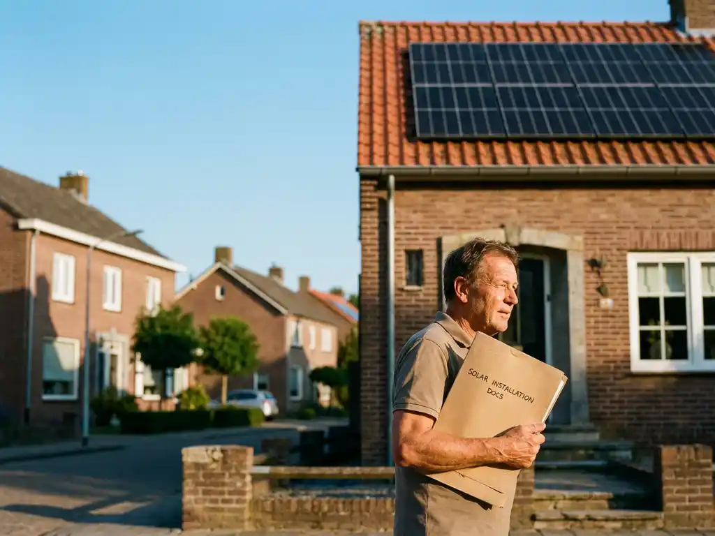 Huiseigenaar houdt documentenmap vast op drempel in Zuid-Limburg, zonnepanelen op rood pannendak op achtergrond.