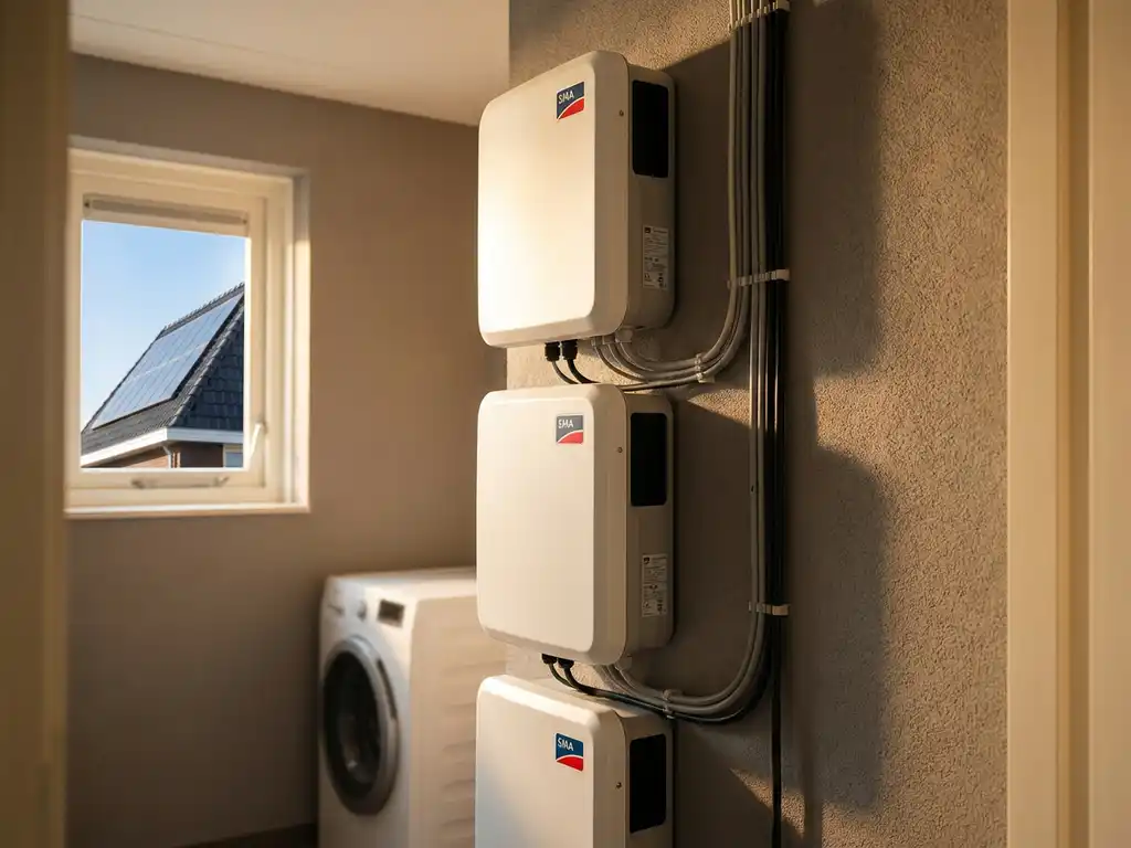 Drie witte SMA thuisbatterijen gemonteerd op muur in Nederlandse bijkeuken, zonnepanelen zichtbaar op dak buiten raam.