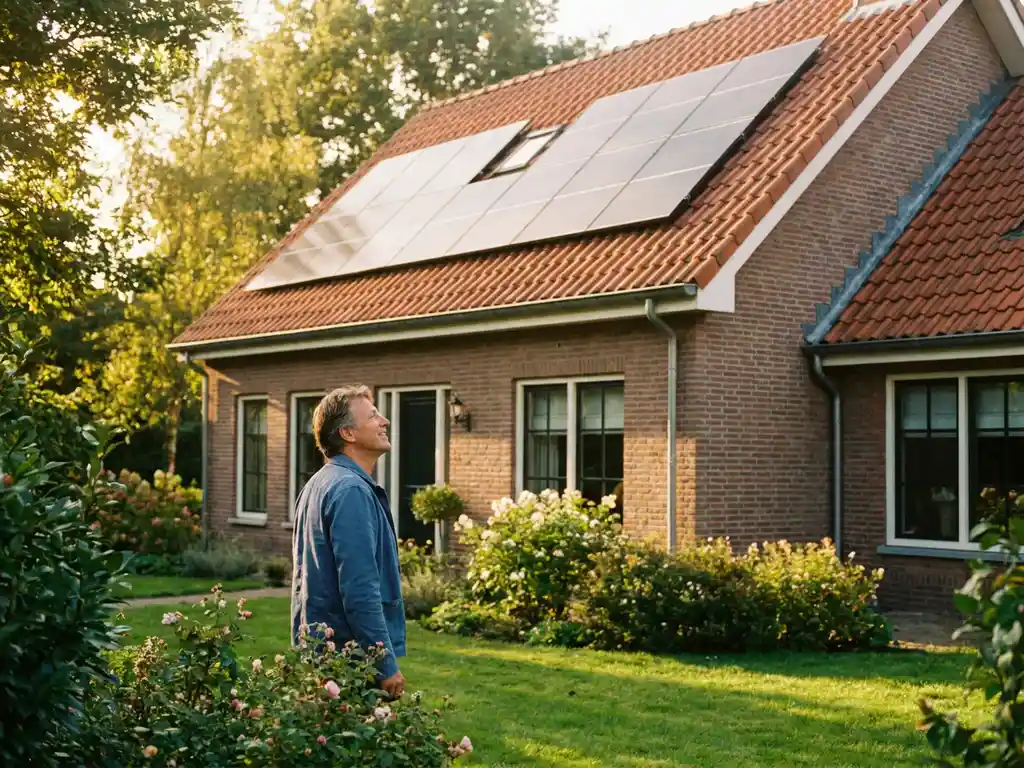 Tevreden huiseigenaar in tuin kijkt omhoog naar zonnepanelen op dak van Zuid-Limburgse woning in middagzon.